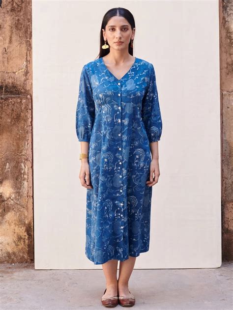 Indigo Handblock V-Neck Cotton Dress For Women's – Vari