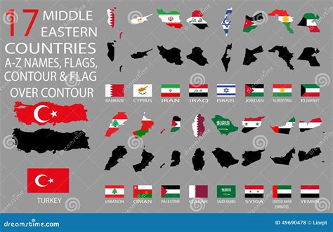 17 Middle Eastern Countries - a-Z Names, Flags, Contour and Map Over ...