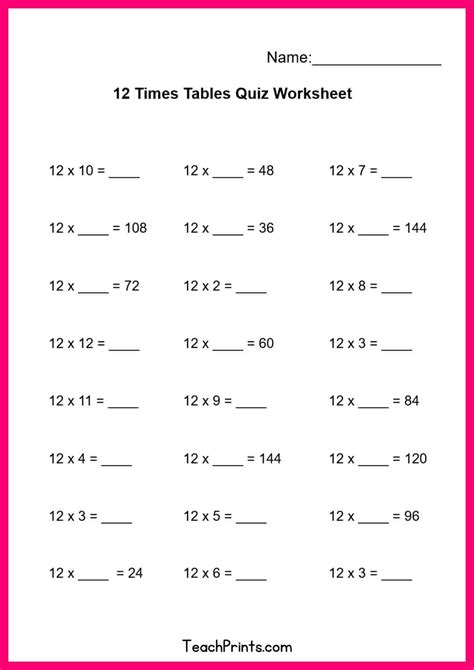 Free 12 Times Tables Worksheets (8 Versions) - Teach Prints