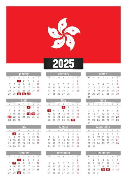 New year 2025 calendar with hong kong flag and public holidays for ...