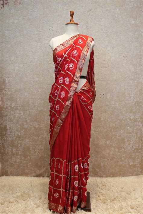 Pure Chinon Fabric Hand Bandhej Saree with Sequins & Aari-Tari Work ...