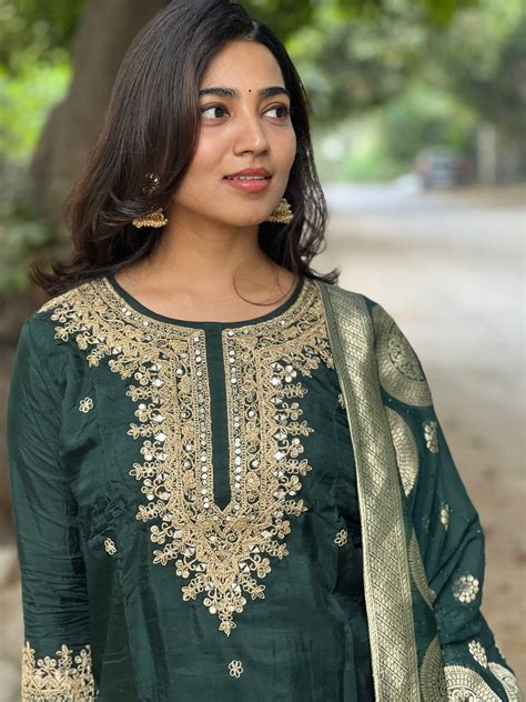 Anjali - Silk hand work kurti set - Bottle Green – Ichika