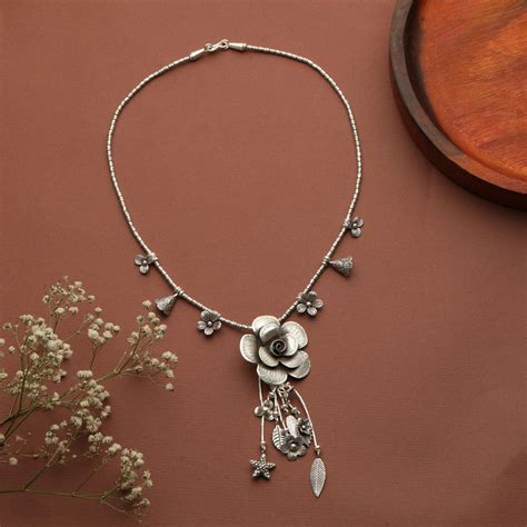 Get Minimalist Oxidized Silver Rose & Bell Necklace