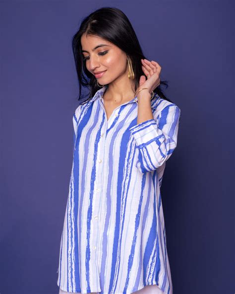 Multicoloured Linen Blend Shirt Collar Strips Short Top For WOMEN'S – Vari