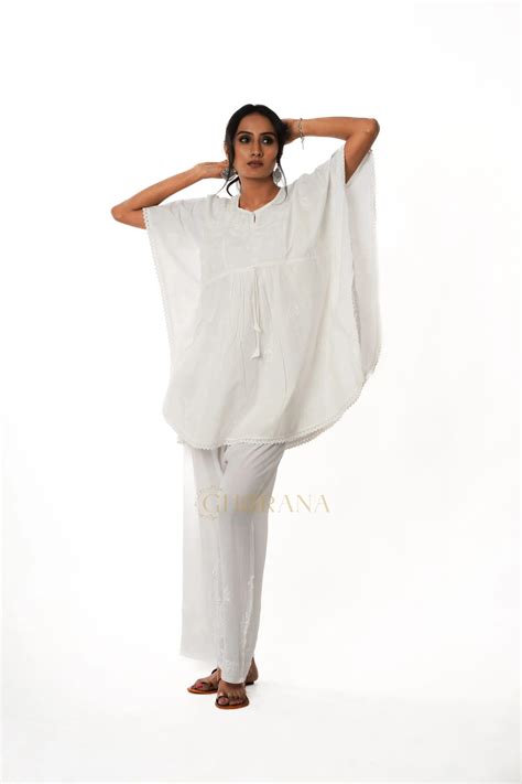 Cotton Chikankari Kaftan – White – Gharana India