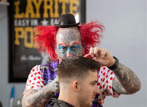 For clown barber of Huntington Beach, the inked nose, grin and ...