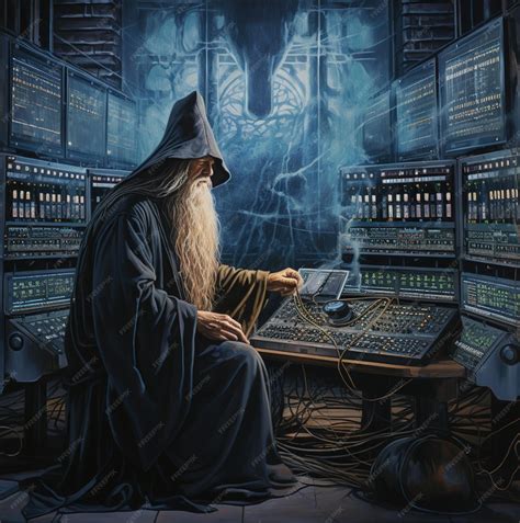 A drawing of a wizard sitting in front of a computer with a mouse and a ...