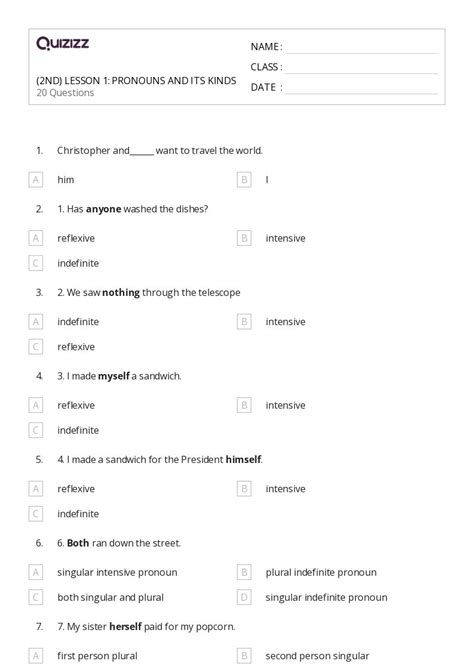 Printable Intensive Pronouns Worksheets for Class 6 | Quizizz