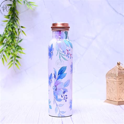 Pure Copper Blue Flower Printed Water Bottle with Leak Proof Capacity ...