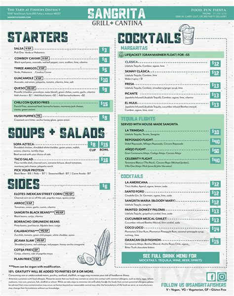 Sangrita Grill + Cantina menu in Fishers, Indiana, USA