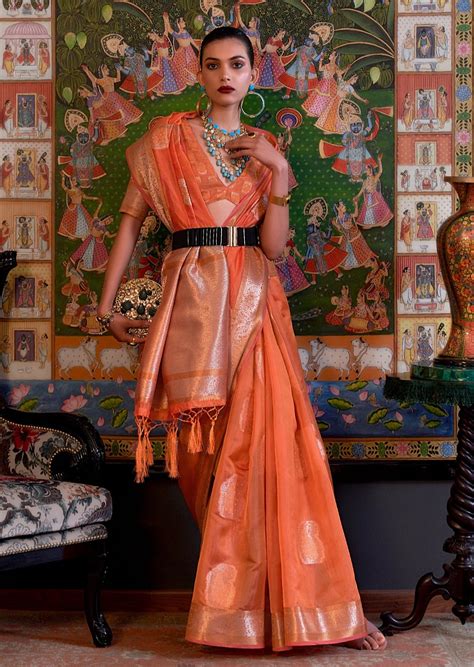 Buy Pure Handloom Organza Orange Bridal Saree Online India USA UK – Sunasa