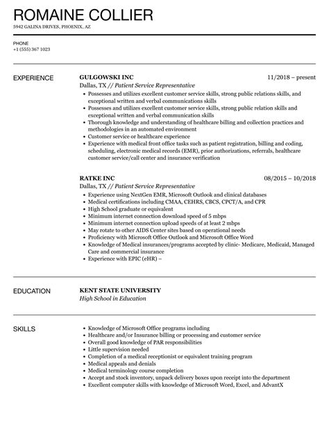 Patient Service Representative Resume Samples | Velvet Jobs