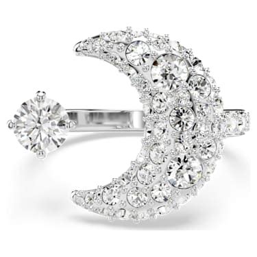 Luna open ring, Moon, White, Rhodium plated | Swarovski