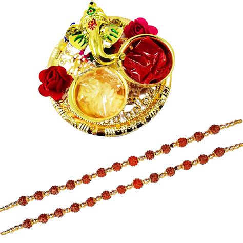 Buy Urvi Creations Set Of 2 Rudraksha Rakhi With Pooja Plate Wristband ...