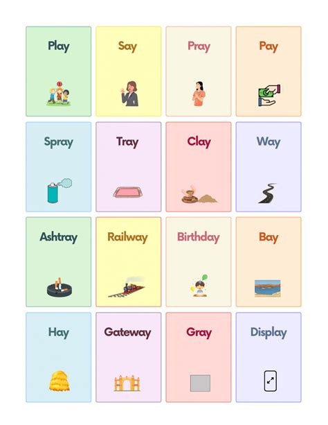 Diphthongs AY Sound Words with Pictures Worksheet PDF
