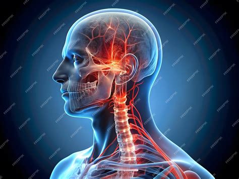 Medical 3D xray illustration of a human with neck pain painful nerves are highlighted in red ...