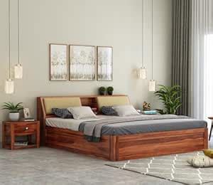 PWOOD Sheesham Wood Queen Size Bed with Box Storage Solid Wood Double ...
