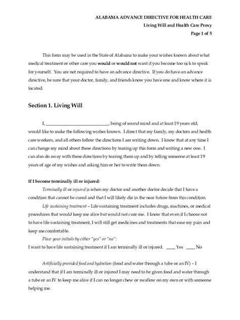 Fillable Online Free Alabama Advance Directive Form - PDFeForms Fax ...
