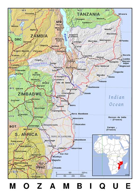 Detailed political map of Mozambique with relief | Mozambique | Africa ...