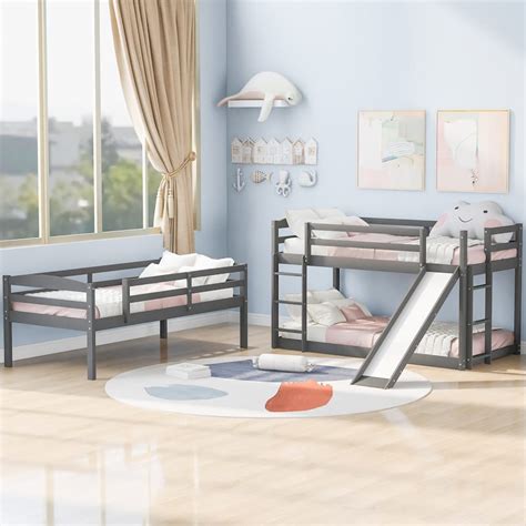 Twin Size Triple Bunk Bed with Adjustable Ladder and Slide, Space ...