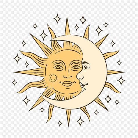 Golden Sun And A Crescent Moon With Face, Sun Drawing, Moon Drawing ...