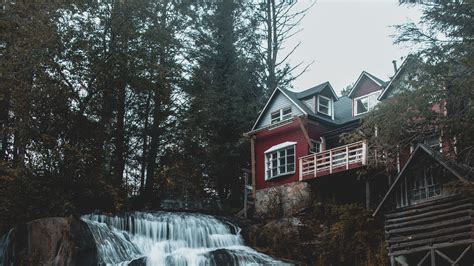 Download wallpaper 3840x2160 house, waterfall, building, forest 4k uhd ...
