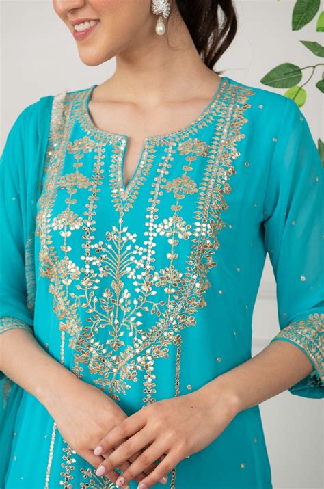 Firozi Georgette Aari Suit Set – DIMPLE DESIGN STUDIO