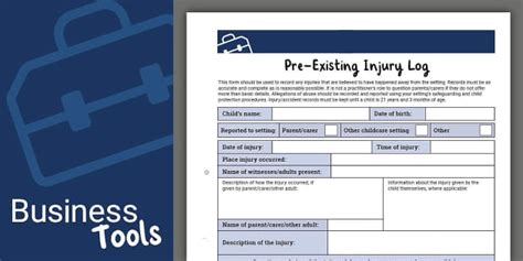 Pre-Existing Injury Log for Private Childcare Settings