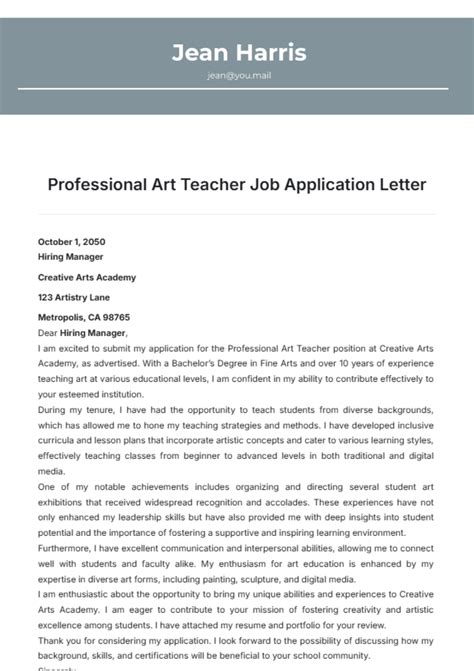 Free Professional Art Teacher Job Application Letter Template to Edit ...