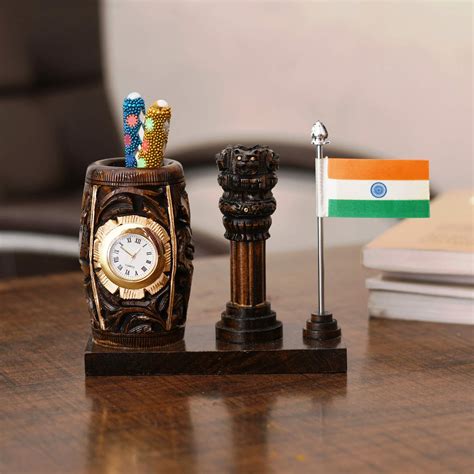 Craftam Browen Wooden Color Pen Stand with Table Clock Office Use and ...