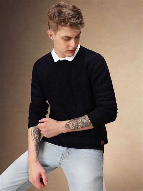 Men's Navy Blue Self Design Round Neck Full Sleeves Pullover Sweater ...