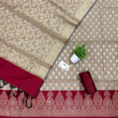 Beige and Maroon Kalgha Patta Banarasi Silk Suit – Mohsin Textiles