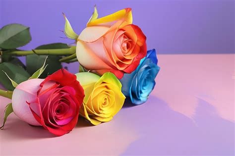Rainbow rose flowers on table against color background | Premium AI ...