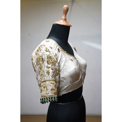 Premium Ivory & Gold Embroidered Designer Blouse with Bead Back Detail ...
