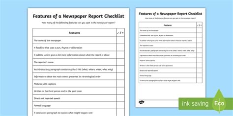 Features of a Newspaper Report Checklist
