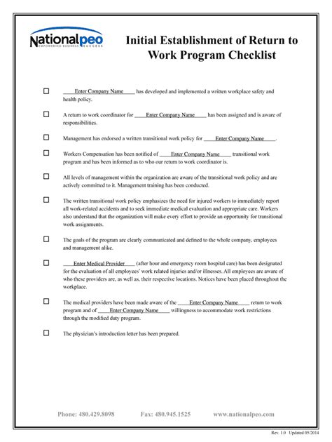 Fillable Online Initial Establishment of Return to Work Program ...