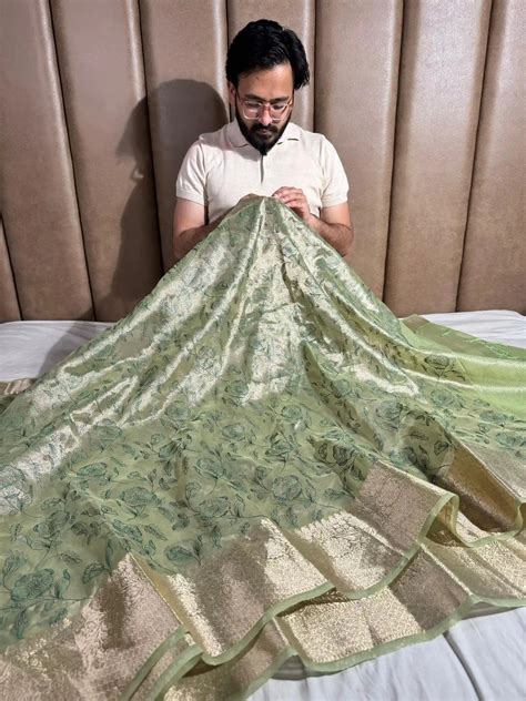 Metallic Teal Green Banarasi Tissue Chikankari Saree with Rich Pallu ...