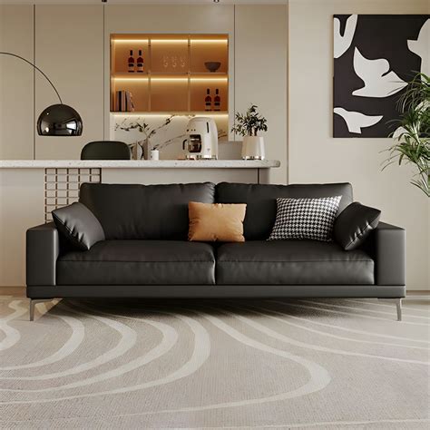 Modern Black Faux Leather Sofa with Wood Frame and Stain Resistant ...