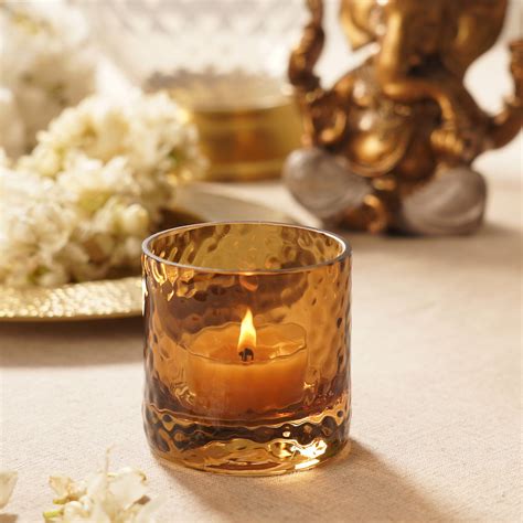 Set of 2 Amber Textured Glass Tealight Candle Holder