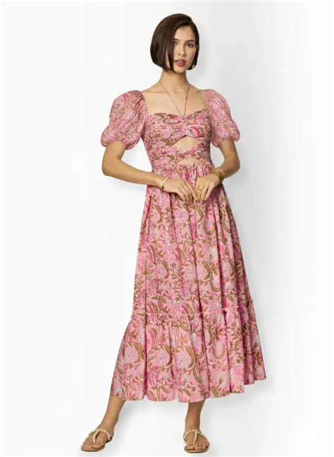 Pink and Green Floral Printed Maxi Dress with Front Cut-Outs - AMARAA