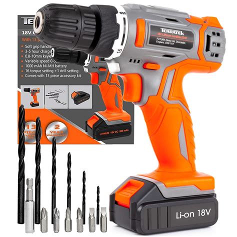 Terratek Cordless Drill Driver 18v Lithium Ion 13pc Electric ...