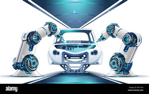 Robotic arms work on a car in a factory, an example of industrial AI