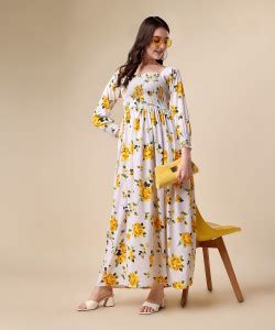 Honky Tonky Women Fit and Flare White, Yellow, Dark Green Maxi/Full ...