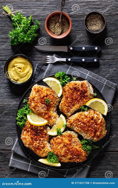 Baked in Oven Panko Breaded Pork Chops on Bone Stock Photo - Image of ...