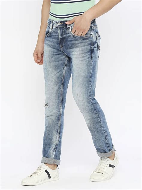 Spykar Men Mid Blue Cotton Regular Fit Narrow Length Mildly Distressed ...