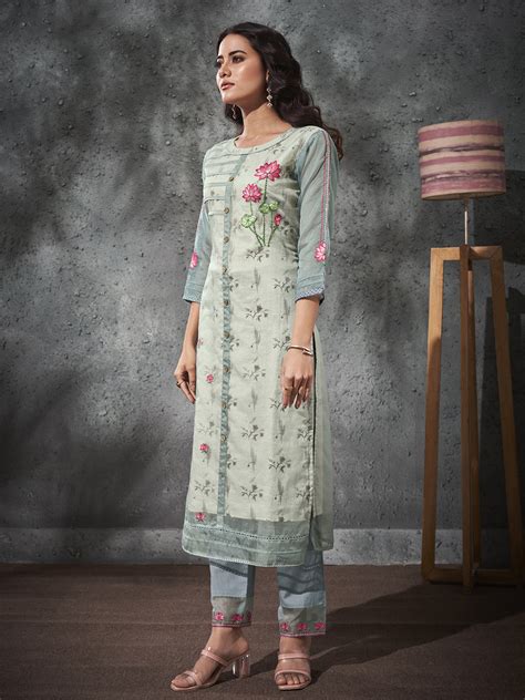 Indo Era Blue Floral Embroidered Straight Kurta With Trouser Set – indoera