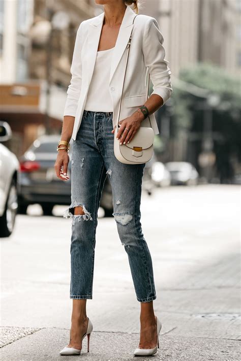 White Blazer Distressed Jeans Outfit, Street Style, Dallas Blogger ...