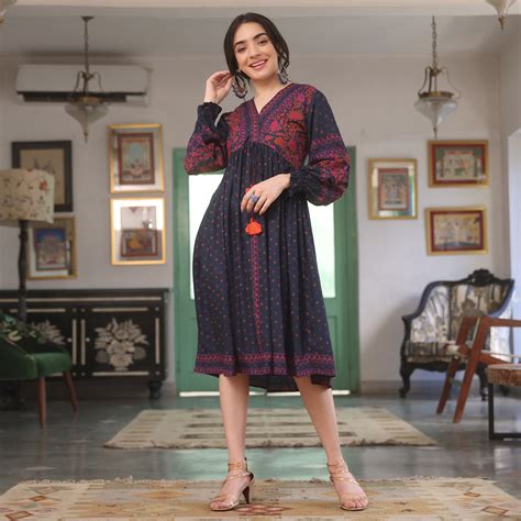 Buy Indigo Printed V Neck Dress | Rustorange