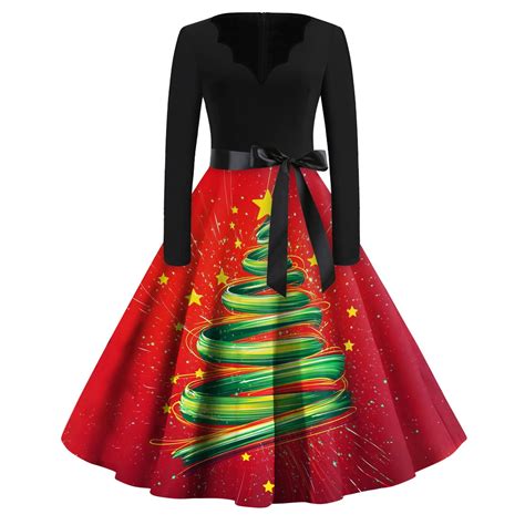 Qwertyu Womens Ugly Christmas Dress Christmas Tree Print Retro Swing ...