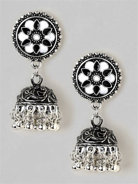 Rubans White Silver-Plated Oxidised Handcrafted Dome Shaped Jhumkas